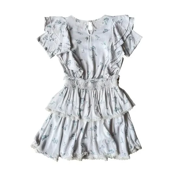 Shabby Chic White Blue Floral Ruffle Mini Dress Cottagecore - Size XS - Picture 3 of 9